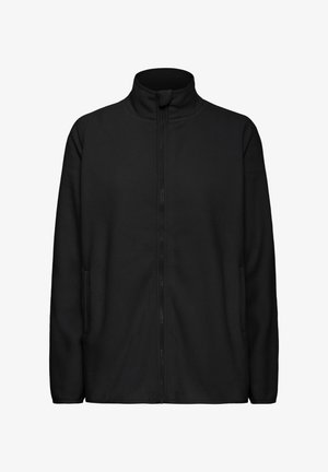 Black fleece jacket with a high collar, full front zipper, and two side pockets. Soft texture and a simple, minimalist design.