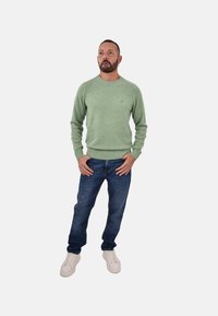 Maglione verde chiaro con colletto rotondo, polsi e orlo a costine, abbinato a jeans in denim blu e sneakers bianche. Modella in piedi con le mani sui fianchi.