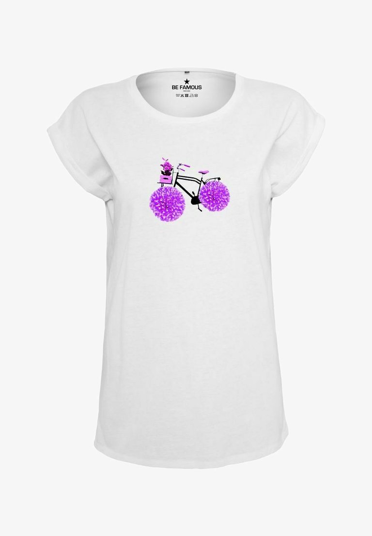 White cotton t-shirt featuring a bicycle graphic, black outline, and purple floral accents on the wheels and basket with a small flower.