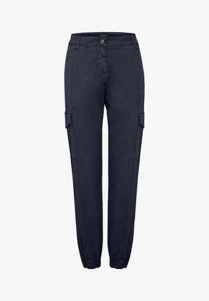 Navy cargo pants made from lightweight fabric, featuring side pockets, a button closure, and elasticated cuffs for a relaxed fit.