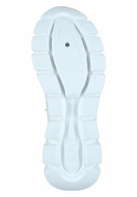 White sneaker outsole featuring a textured, patterned tread, rounded toe, and a distinctive logo imprint in the center.