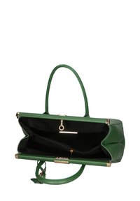 Borsa a mano in pelle verde con forma strutturata, accenti in hardware dorato e una tasca con zip all'interno; presenta due manici e un interno morbido.