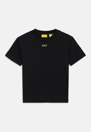 Μαύρο κοντομάνικο T-shirt με στρογγυλή λαιμόκοψη και μικρό νέον πράσινο κείμενο "OFF" τοποθετημένο κεντρικά κάτω από τη λαιμόκοψη.
