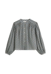 Langärmlige Bluse mit einem blauen, weißen und orangefarbenen geometrischen Muster, leichtem Stoff, gerafften Schultern und einem runden Halsausschnitt.