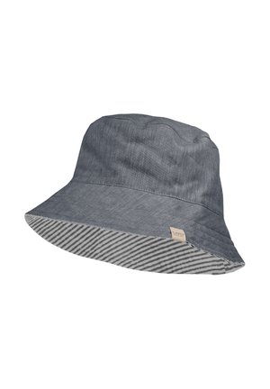 Gray bucket hat with striped underside and small beige label on brim, made of textured fabric.