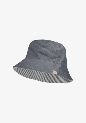 Gray bucket hat with striped underside and small beige label on brim, made of textured fabric.