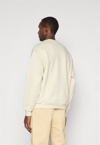 Ανοιχτό μπεζ φούτερ κατασκευασμένο από μαλακό υλικό, με στρογγυλή λαιμόκοψη και ριγέ μανσέτες. Πίσω όψη που δείχνει τον απλό, καθαρό σχεδιασμό.