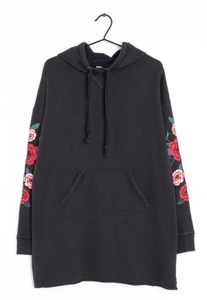 Felpa nera con cappuccio e tasca frontale, con ricami floreali in rosso e blu sulle maniche, cappuccio con coulisse e polsini a coste.