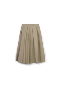 Gonna a pieghe A-line beige, realizzata in tessuto liscio. Presenta una vita aderente e cade sotto il ginocchio, offrendo un silhouette fluida.