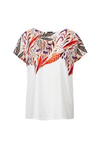 Kortarmige top met een witte basis en een kleurrijk veerpatroon in rood, oranje, paars en zwart op de schouders. Soepele stofstructuur.