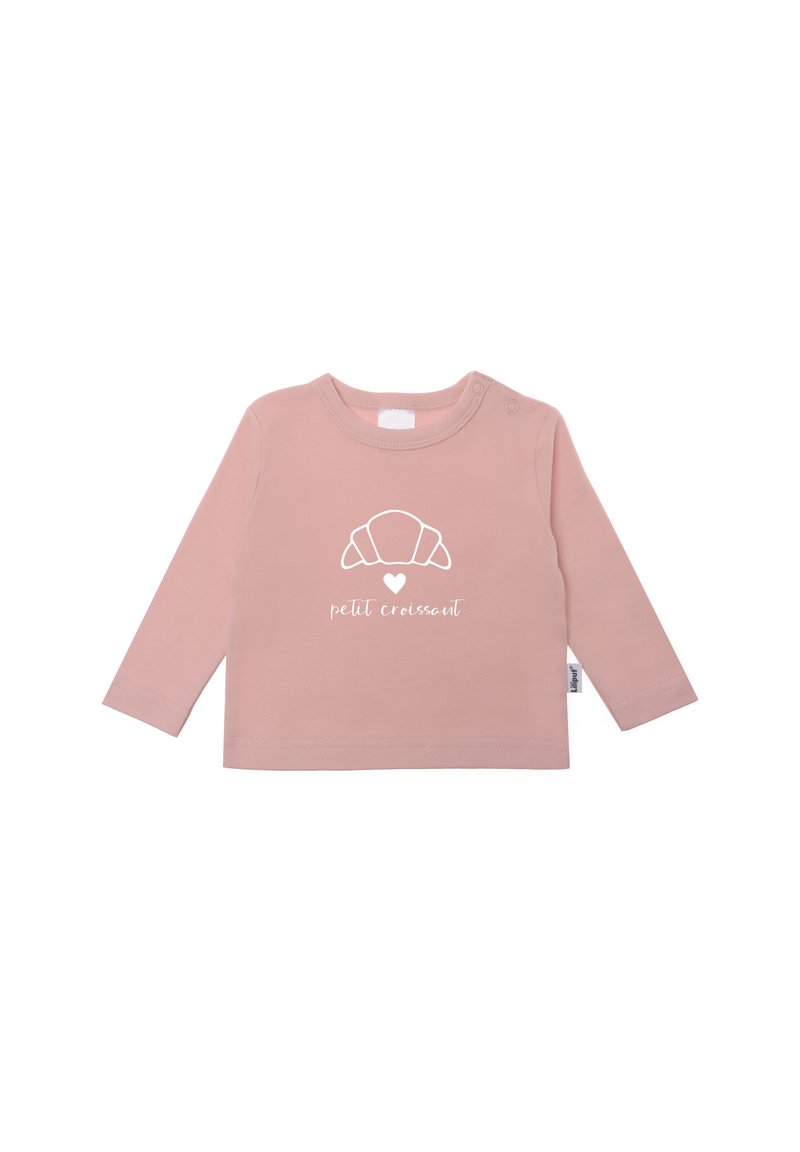 Langärmliges, hellrosa Baumwoll-T-Shirt mit einem weißen Croissant-Grafik und dem Text "petit croissant". Druckknopf an der Schulter für einfaches Anziehen.