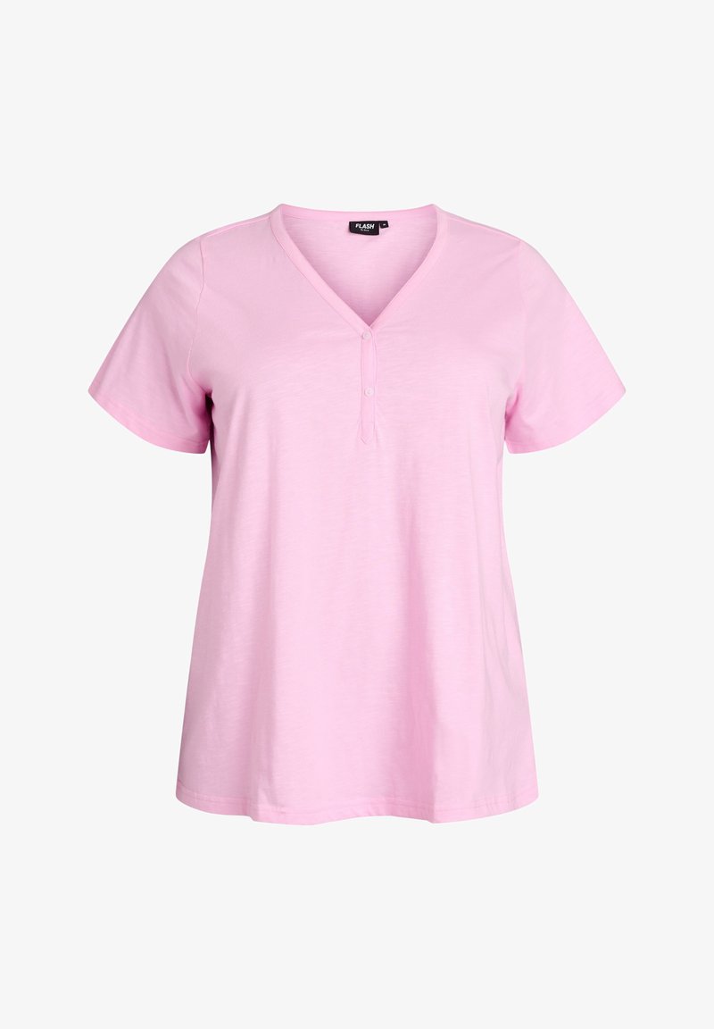 Hele roosa lühikeste varrukatega V-kaelusega särk, millel on nööbitav rinnaosa, valmistatud pehmest kangast ja kuvatud valgel taustal.