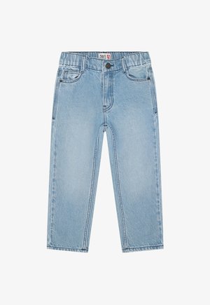 Jasnoniebieskie dżinsy o luźnym kroju, z zapięciem na guziki, szlufkami na pasek i czterema kieszeniami. Charakterystyczna wyblakła faktura i przeszycia.