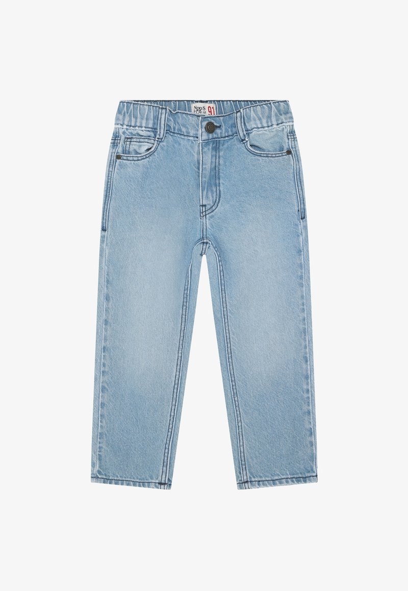 Jasnoniebieskie dżinsy o luźnym kroju, z zapięciem na guziki, szlufkami na pasek i czterema kieszeniami. Charakterystyczna wyblakła faktura i przeszycia.