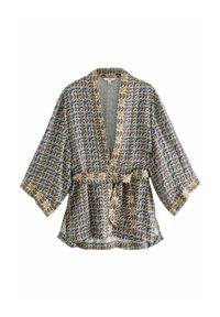 Robe in stile kimono in tessuto setoso; presenta un motivo astratto in toni di blu, marrone e crema, con cintura da annodare e maniche ampie.