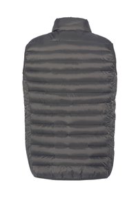 Szara pikowana kamizelka z wysokim kołnierzem, z poziomym przeszyciem i gładką, błyszczącą teksturą. Użytkowy design bez widocznych zapięć.