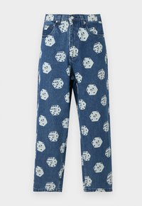 Denim jeans with a loose fit, featuring a blue fabric and a repeating pattern of light-colored dice in various orientations.