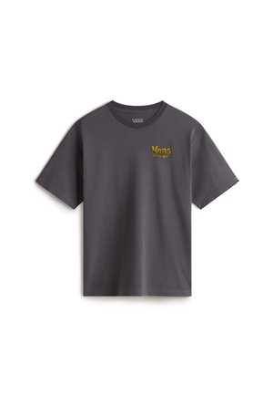 Gray cotton t-shirt with short sleeves, featuring a yellow "Vans" logo and "OFF THE WALL" text on the front. Round neckline.