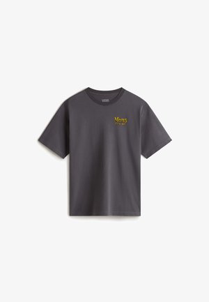 T-shirt in cotone grigio con maniche corte, caratterizzata da un logo giallo "Vans" e dal testo "OFF THE WALL" sulla parte anteriore. Collo rotondo.