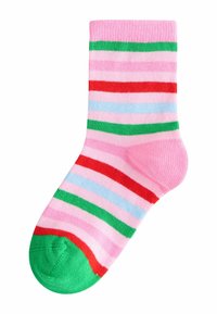 Gestreifte Baumwollsocken mit rosa, roten, grünen und hellblauen Streifen, sowie einer einfarbigen grünen Spitze. Weicher Stoff, knöchellang.