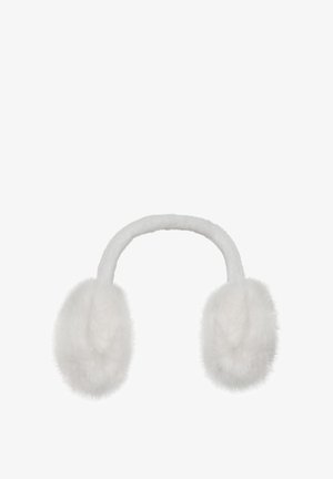 Weiße Kunstpelz-Ohrenschützer mit weicher, flauschiger Textur, verbunden durch ein weißes Stirnband. Runde Ohrmuscheln ohne sichtbare Akzente oder Muster.