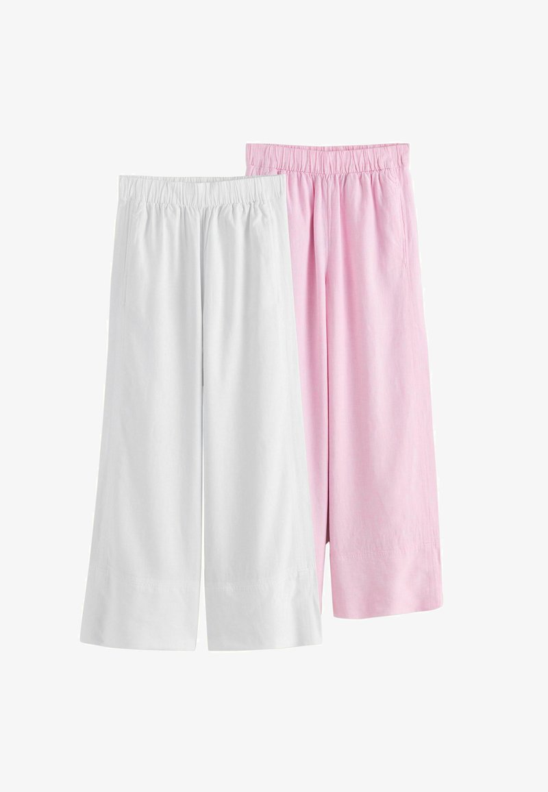 Deux pantalons amples à taille élastique, l'un blanc et l'autre rose pastel, présentés côte à côte sur un fond blanc.