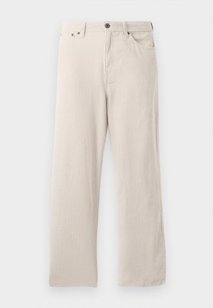 Pantaloni din bumbac bej cu un croi drept, având o textură cu dungi, un design cu cinci buzunare și sistem de închidere cu nasturi.