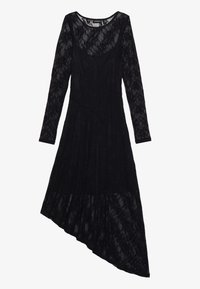 Robe en dentelle noire avec des manches longues, ourlet asymétrique et décolleté en V. Présente un motif floral et une texture transparente dans l'ensemble.