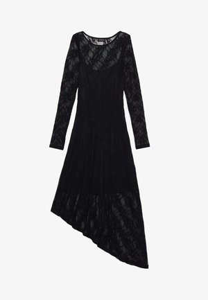 Abito in pizzo nero con maniche lunghe, orlo asimmetrico e scollatura a V. Presenta un motivo floreale e una texture trasparente in tutto il vestito.