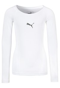 Maglietta sportiva aderente a maniche lunghe bianca con scollatura rotonda e logo Puma grigio centrato sul petto.