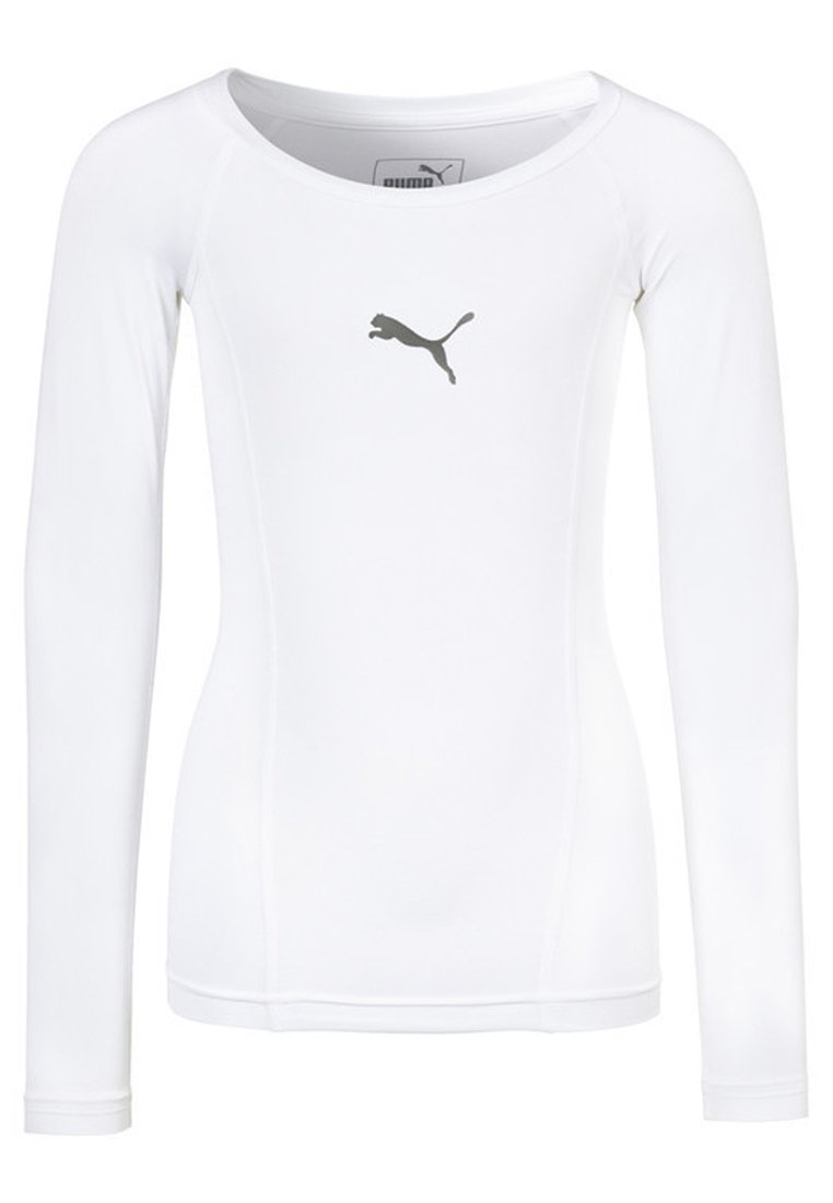 Maglietta sportiva aderente a maniche lunghe bianca con scollatura rotonda e logo Puma grigio centrato sul petto.