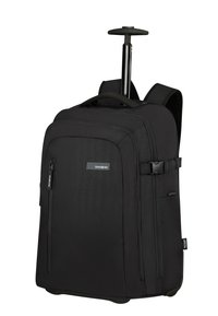 Black wheeled backpack with a telescopic handle, multiple zippered compartments, padded straps, and textured fabric surface.