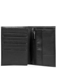 Black leather wallet with multiple card slots, a zippered compartment, and a smooth texture. Features a simple, minimalist design.