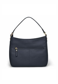 Navyfarbene Leder-Schultertasche mit strukturiertem Finish, einem einzelnen Riemen und einer vorderen Reißverschlusstasche. Goldfarbene Hardware-Akzente veredeln das Design.