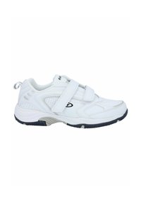 White athletic shoe with a synthetic upper, two adjustable Velcro straps, padded collar, and textured outsole for grip.