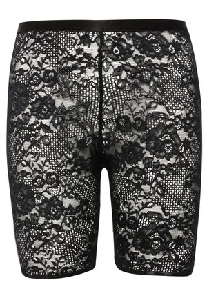 Pantaloni corti neri in pizzo con un motivo floreale, tessuto semi-trasparente e una vita nera solida, progettati per comfort e stile.