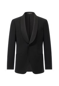 Svart smokingjacka med satinberedd krage, enkel knäppning och två framfickor.