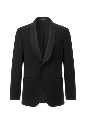 Schwarze Smokingjacke mit schimmerndem Schalkragen, Ein-Knopf-Verschluss und zwei Fronttaschen.