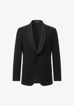 Zwarte tuxedo-jack met satijnen sjawlrevers, enkele knoopsluiting en twee voorzakken.