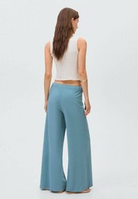 Light blue wide-leg pants made from soft, textured fabric, paired with a fitted, cream-colored cropped top, viewed from the back.