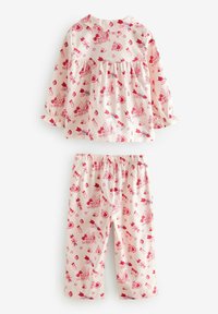 Dwuczęściowa piżama dziecięca z długimi rękawami i spodniami, z różowo-czerwonym nadrukiem o tematyce miłosnej na kremowym tle.