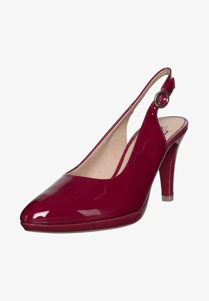 Błyszczący ciemnoczerwony damski but na wysokim obcasie typu slingback z ostrym noskiem i okrągłą srebrną klamrą na pasku.