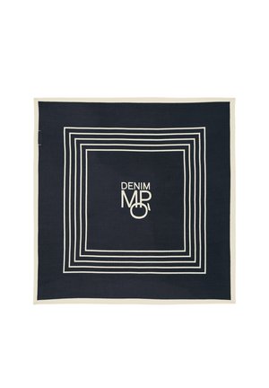 Foulard quadrato blu scuro con linee di bordo bianche e testo "DENIM MRO" al centro in un font moderno.