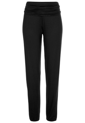 Schwarze, leichte Hosen mit einem weichen, drapierten Bund. Gerades Bein mit glatter Oberfläche, geeignet für Freizeit- oder Sportbekleidung.