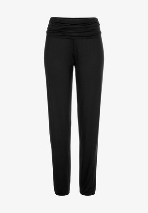 Schwarze, leichte Hosen mit einem weichen, drapierten Bund. Gerades Bein mit glatter Oberfläche, geeignet für Freizeit- oder Sportbekleidung.