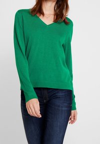 Grüner Pullover mit langen Ärmeln und V-Ausschnitt; aus weichem Material gefertigt, besitzt eine lockere Passform und einen gerippten Saum. Getragen mit dunkelblauen Jeans.