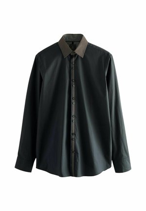 Langärmeliges schwarzes Shirt mit einem gemusterten dunkelbraunen Kragen und Knopfleiste. Weicher Stoff und ein schlankes Design für ein elegantes Erscheinungsbild.