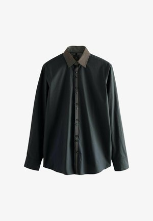 Zwarte langemouwen shirt met een gemusterde donkerbruine kraag en knopenlijst. Zachte stof en een gestroomlijnd ontwerp voor een slanke uitstraling.