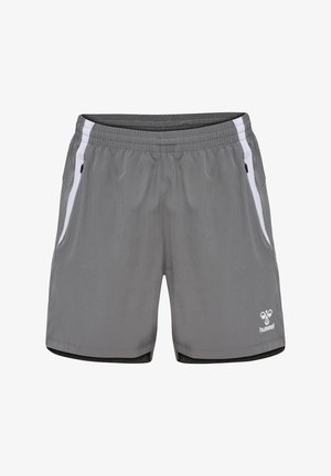 Graue Sportshorts mit elastischem Bund, weißen Seitestreifen und Logo. Hergestellt aus leichtem Material und ausgestattet mit zwei Taschen.