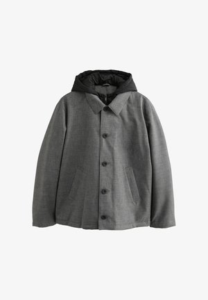 Hallhalli halljak, musta kapuutsiga, nööbiga esiküljel, kahe küljetaskuga ja tekstuurse kangaga viimistlusega. Mitmekülgne disain, sobib erinevate ilmastikutingimuste jaoks.